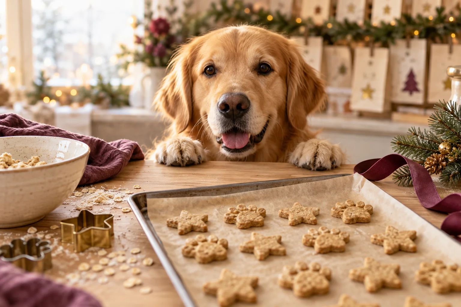 Hundekekse und ein Golden Retriever in der Weihnachtsbäckerei