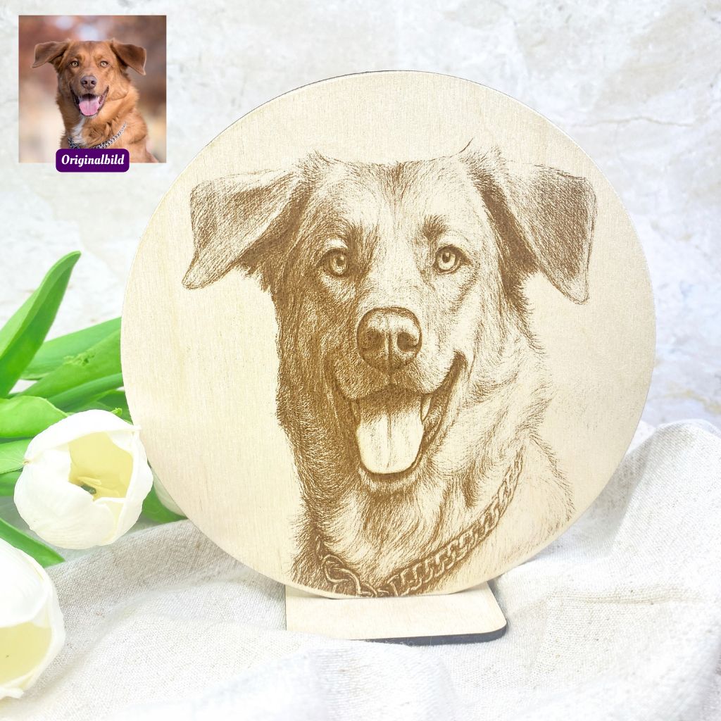 Hundeportrait Hundefoto personalisiert, Hunde-Portrait auf Holz mit Gravur nach Foto, verschiedene Größen mit manueller Bild-Nachbearbeitung