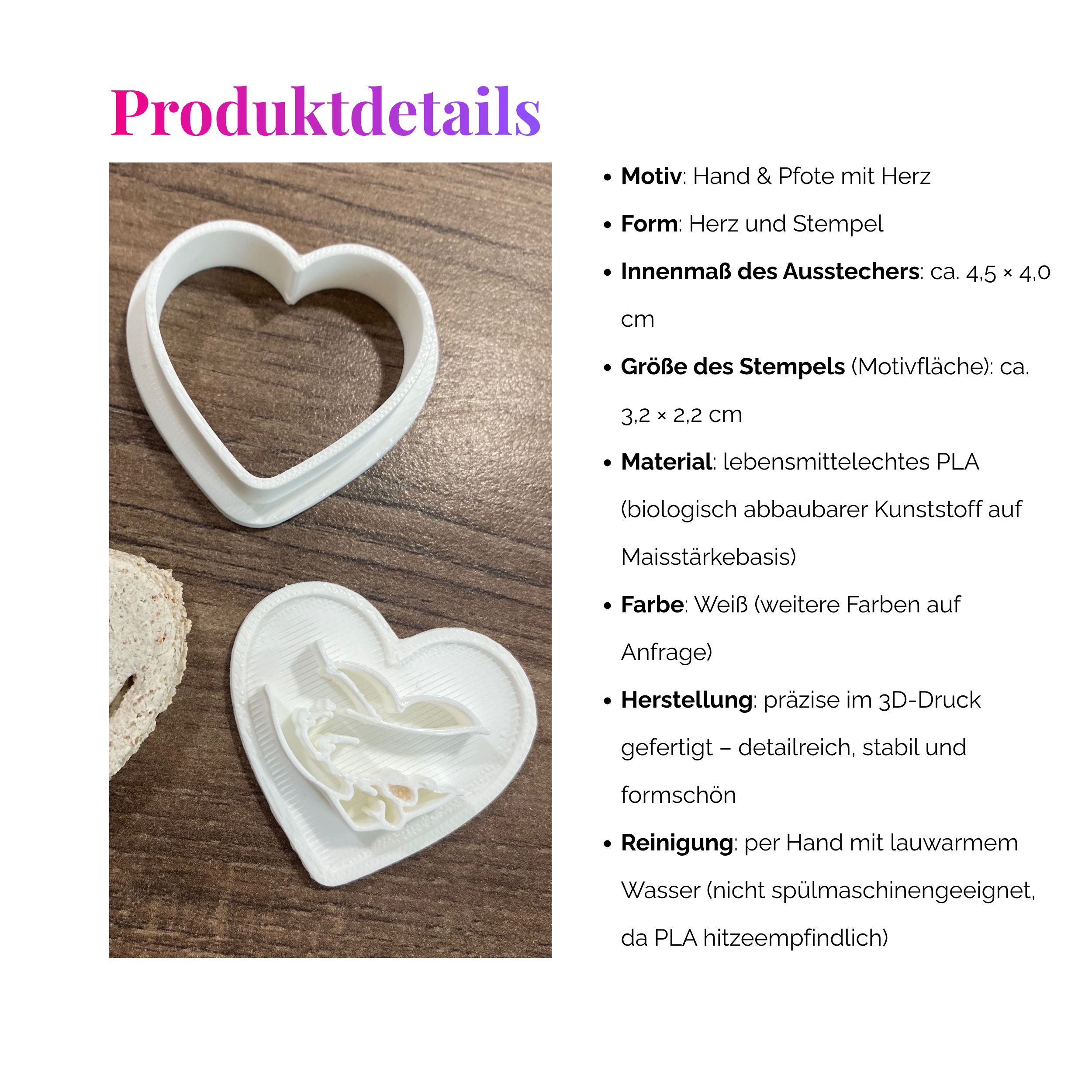 Herz Ausstechform mit Stempel Hand & Pfote – 3D Druck Hundekeks Ausstecher – Hundeliebe Motiv – Bild 2