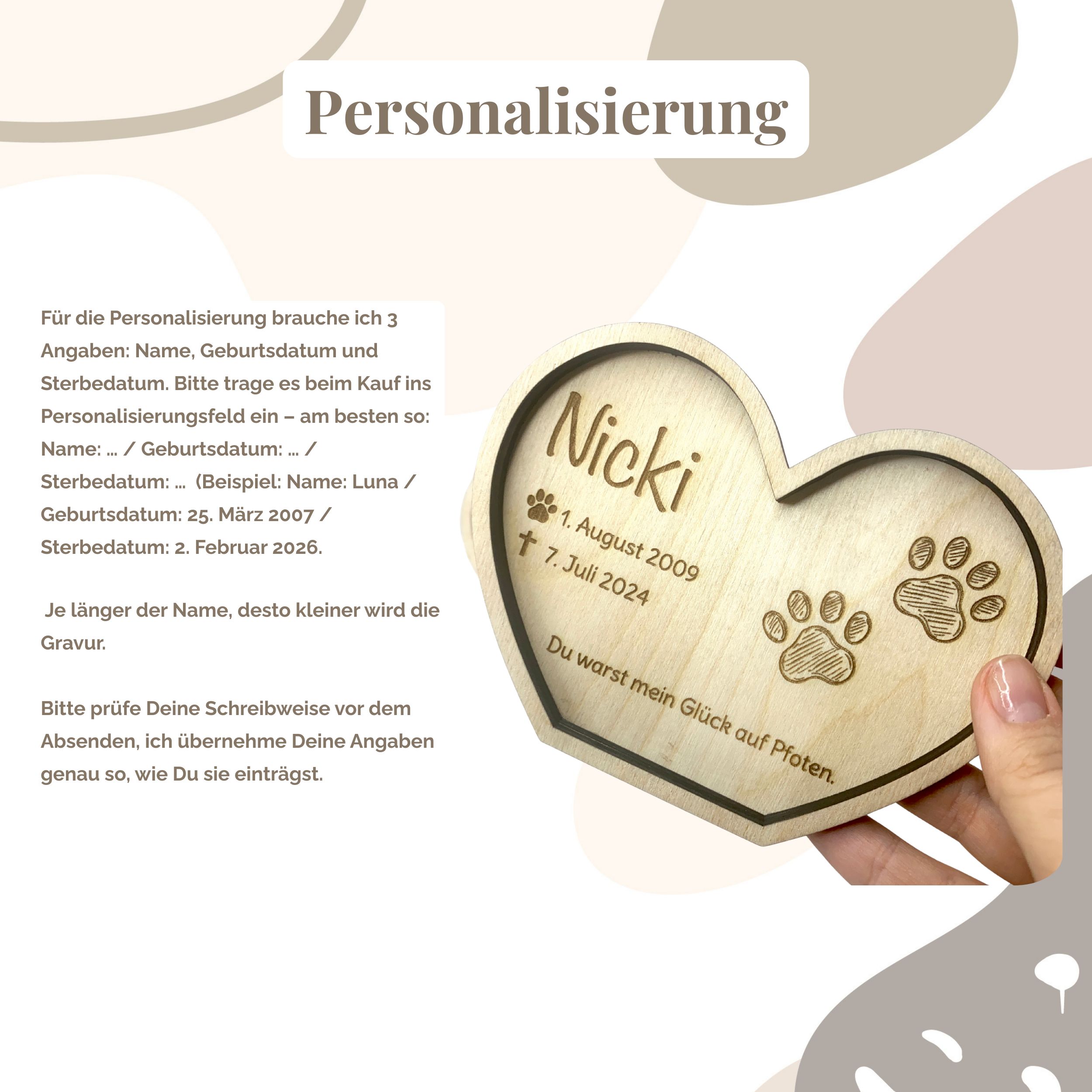 Haustier Andenken personalisiert aus Holz – Pfotenabdruck Andenken für Hund & Katze (Name + Daten + Spruch) – Bild 4