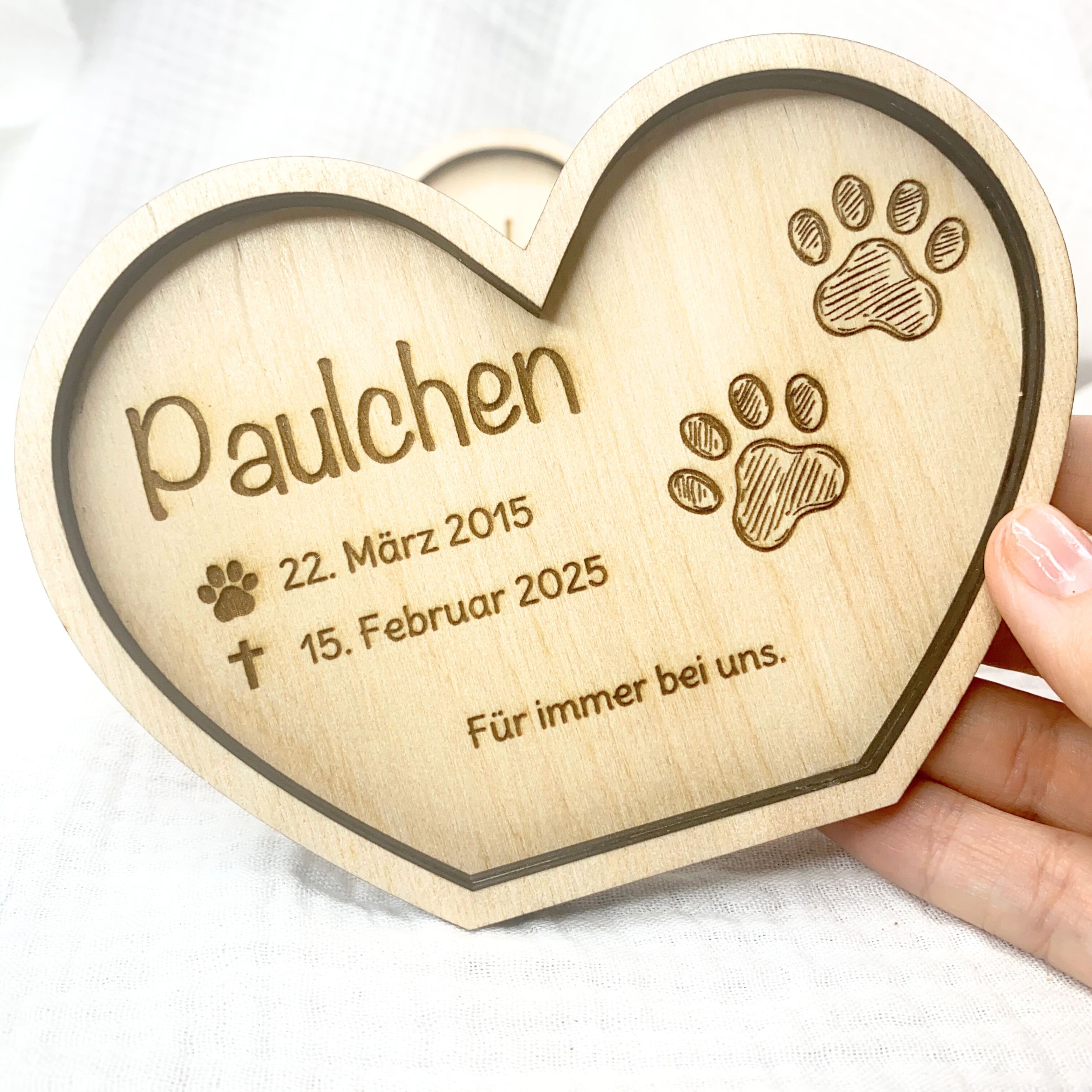 Haustier Andenken personalisiert aus Holz – Pfotenabdruck Andenken für Hund & Katze (Name + Daten + Spruch) – Bild 9