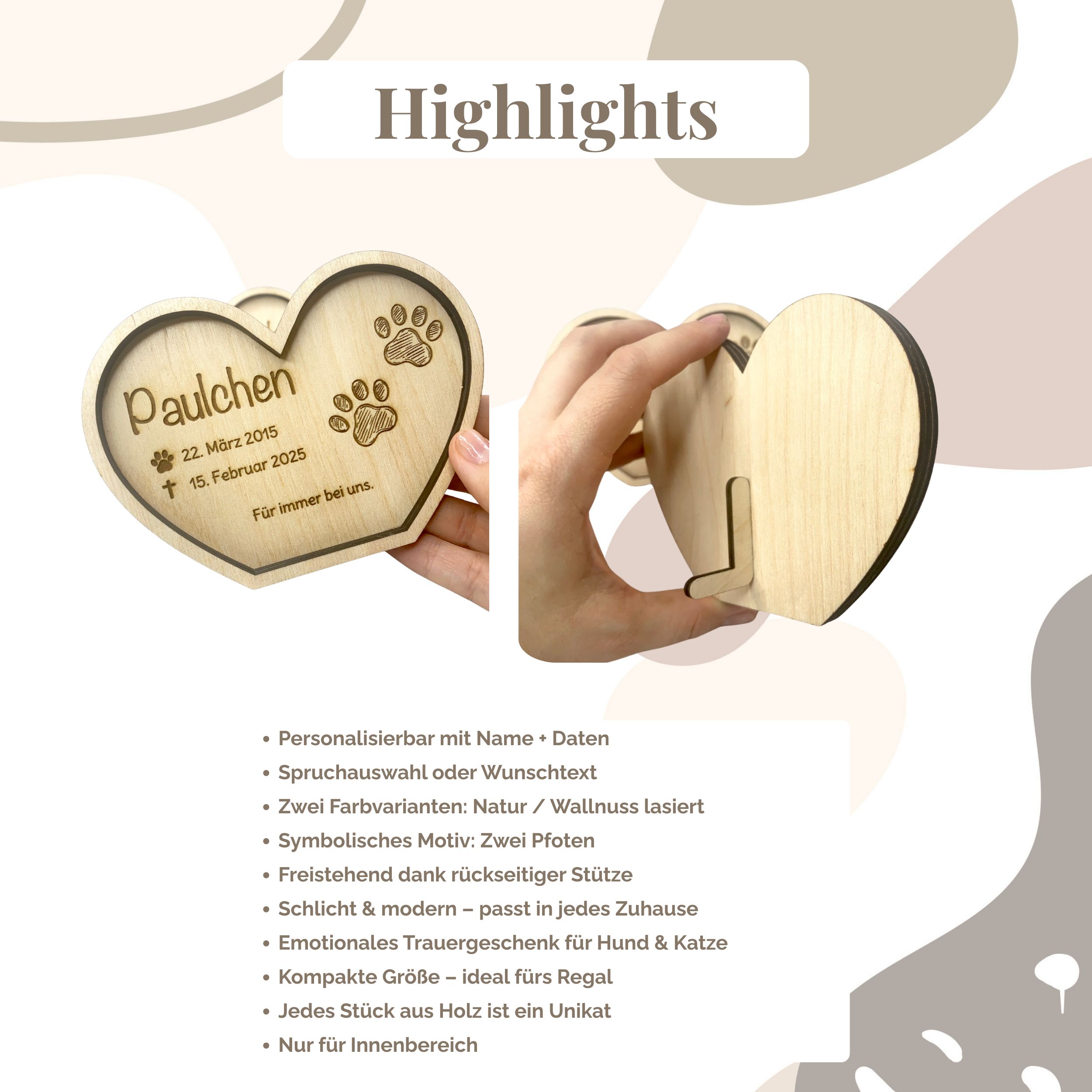 Haustier Andenken personalisiert aus Holz – Pfotenabdruck Andenken für Hund & Katze (Name + Daten + Spruch) – Bild 5