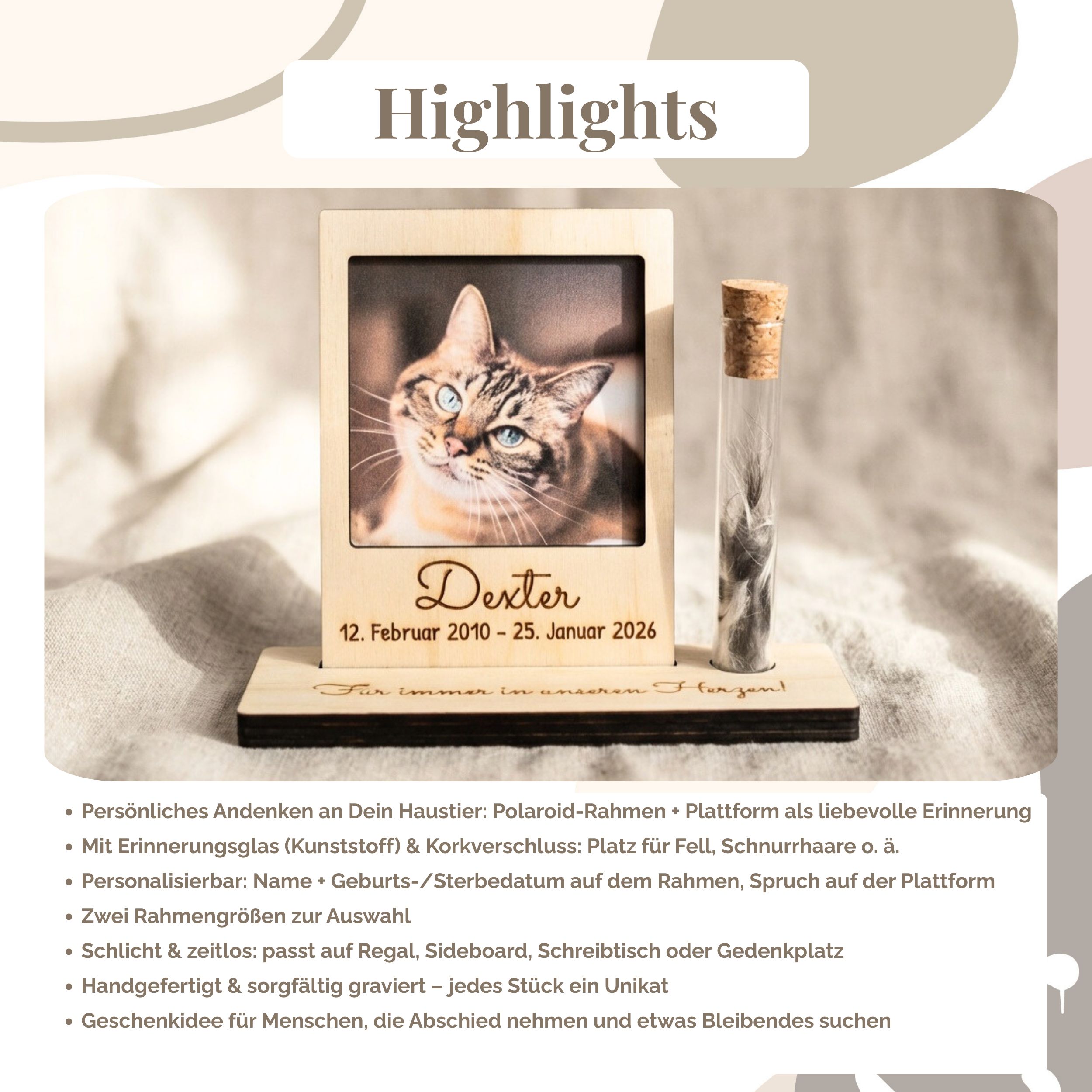 Polaroid Rahmen aus Holz mit Gravur & Erinnerungsglas – Haustier Fell Andenken für Hund & Katze (personalisiert) – Bild 2