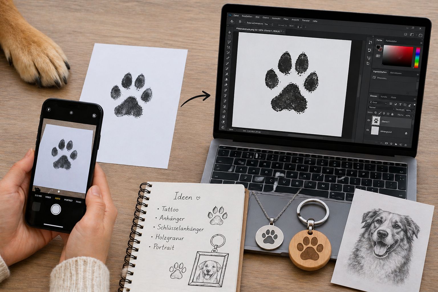 Digitalisierter Pfotenabdruck eines Hundes als Vorlage auf einem Tablet