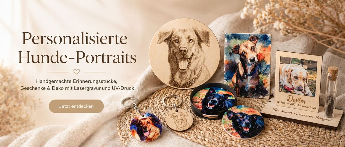 Personalisierte Hunde-Portraits — handgemachte Erinnerungsstücke, Geschenke & Deko mit Lasergravur und UV-Druck