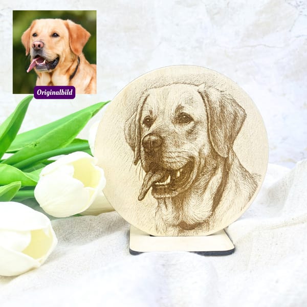 Personalisiertes Hunde-Portrait aus Holz – Rund graviert mit Foto – Geschenk für Hundebesitzer – Gedenken – Wanddeko - Deko zum Aufstellen