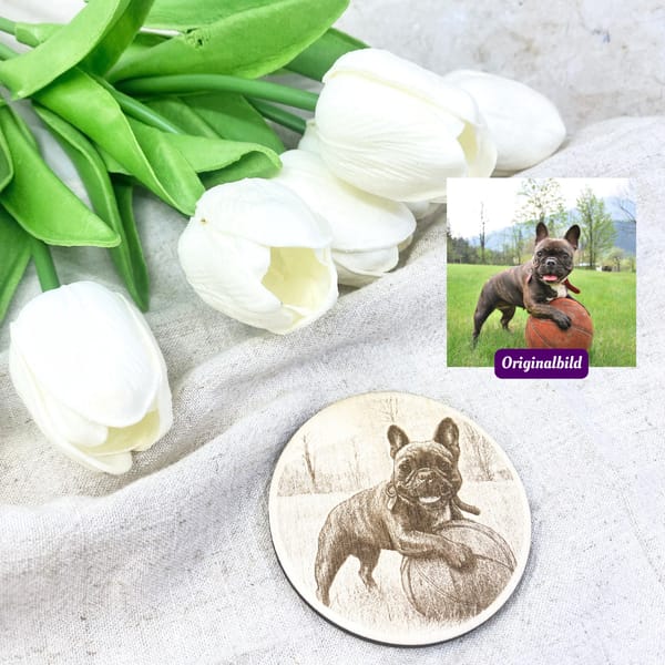 Personalisiertes Hunde-Portrait aus Holz – Rund graviert mit Foto – Geschenk für Hundebesitzer – Gedenken – Wanddeko - Deko zum Aufstellen – Bild 7