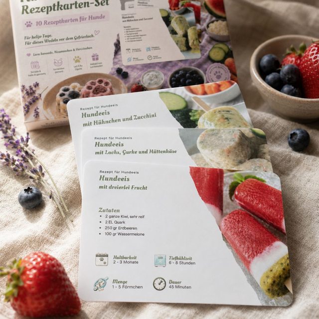 Nahaufnahme mehrerer Hundeeis Rezeptkarten