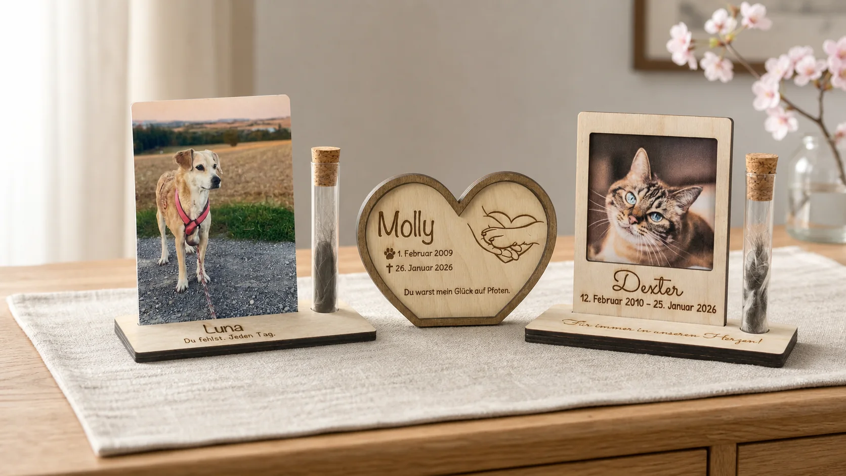 Personalisierte Hundeandenken aus Holz mit Foto und Gravur