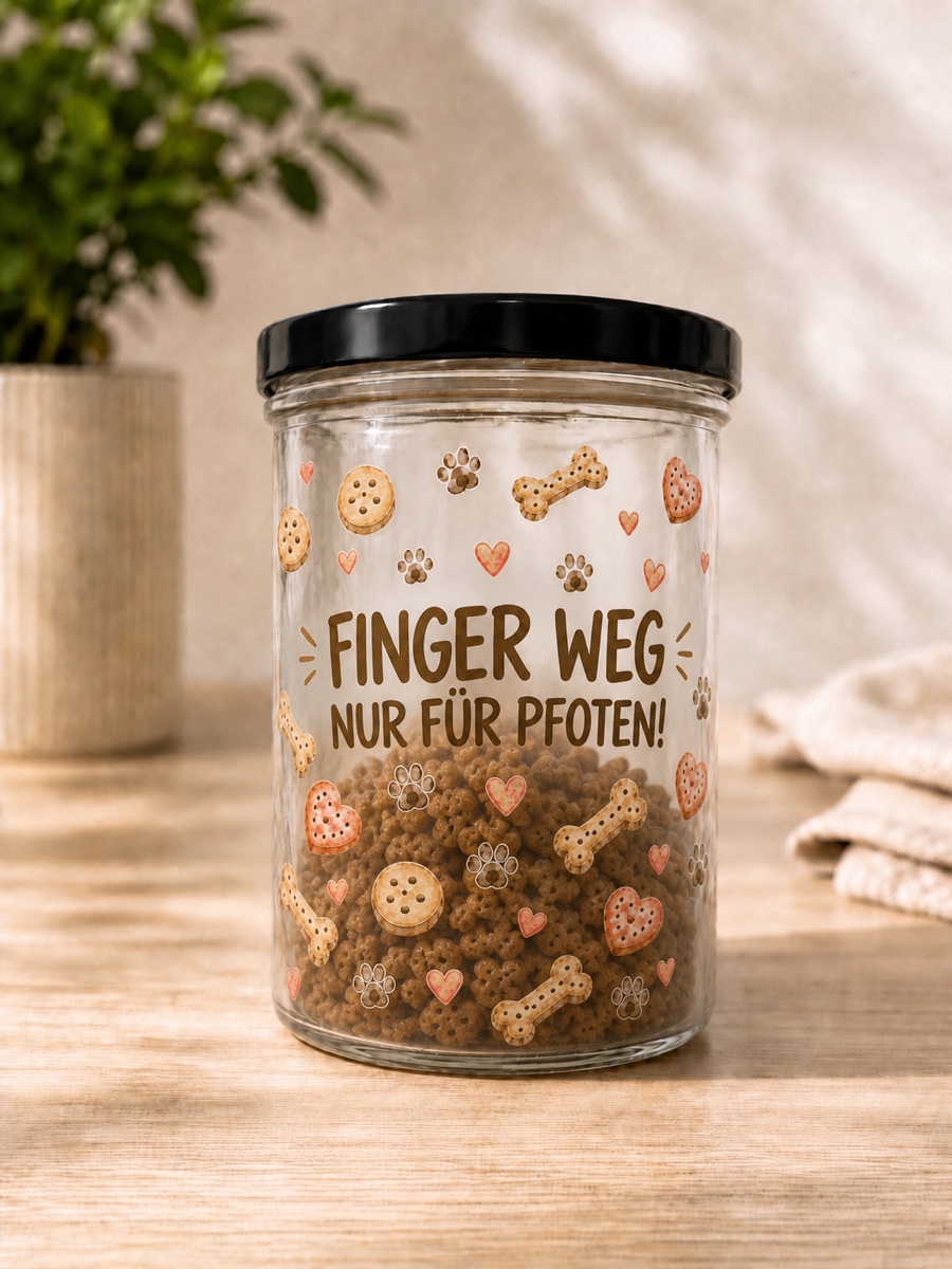 Leckerli-Glas im Design Finger weg – nur für Pfoten!