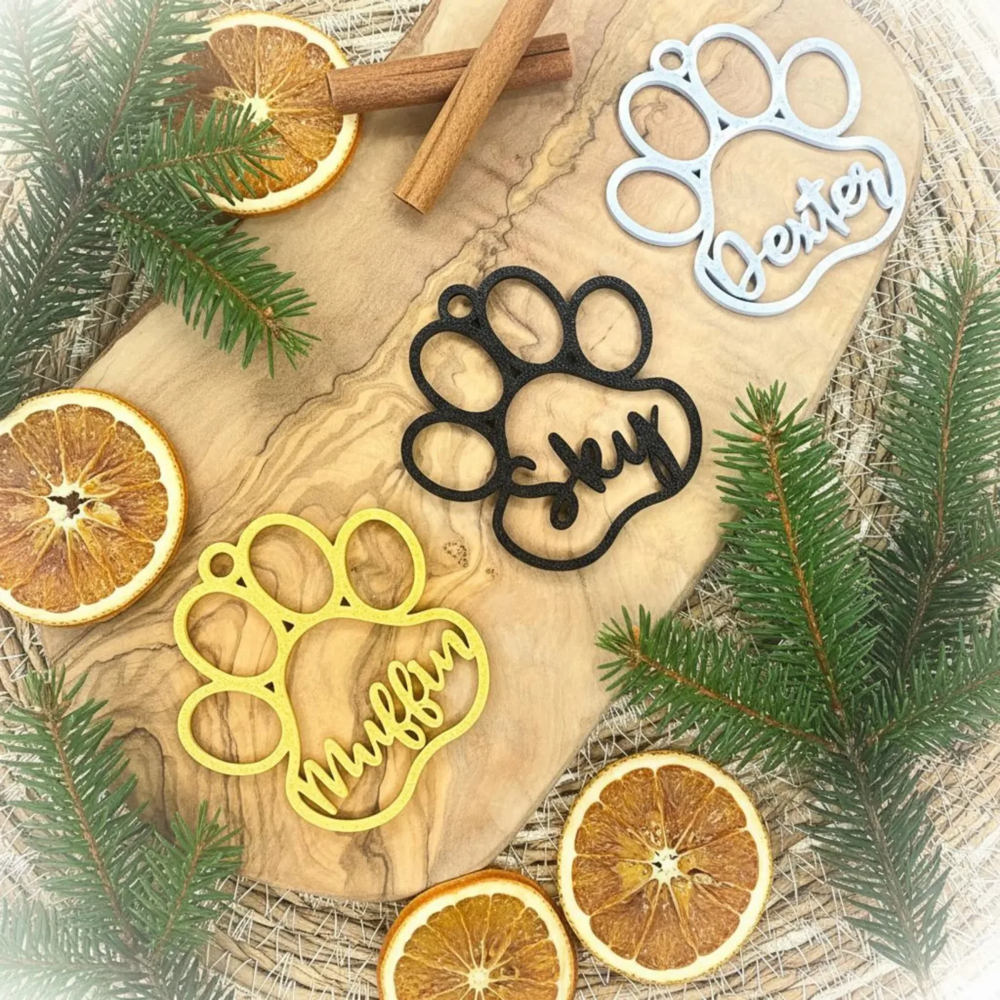 Pfoten-Christbaumkugeln in Gold, Schwarz und Weiß