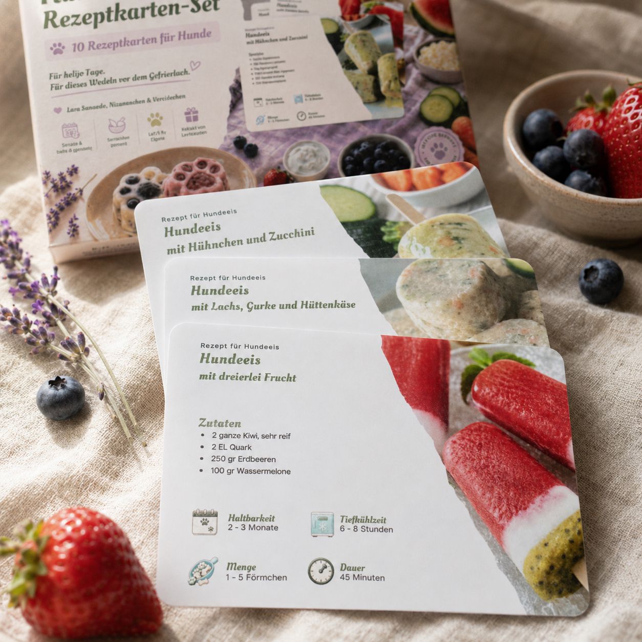 Nahaufnahme mehrerer Hundeeis Rezeptkarten