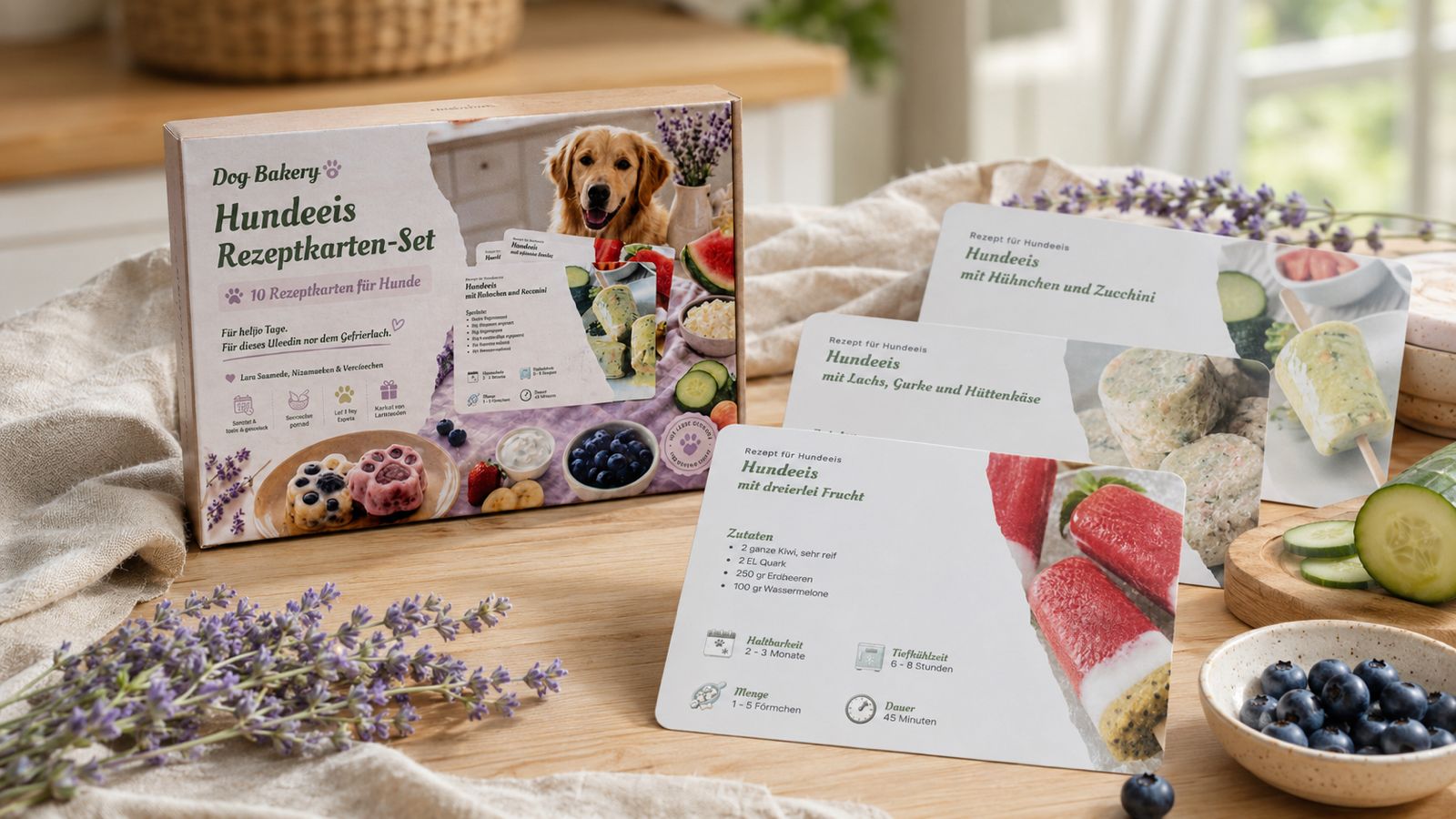 Hundeeis Rezeptkarten mit Zutaten auf einem Küchentisch