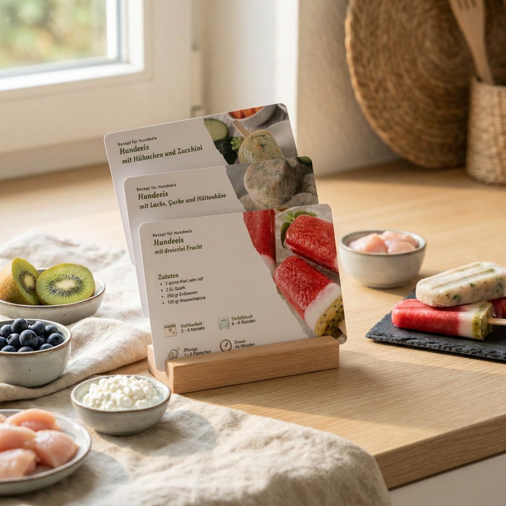 Dog Bakery Rezeptkarten und Zutaten in einer hellen Küche