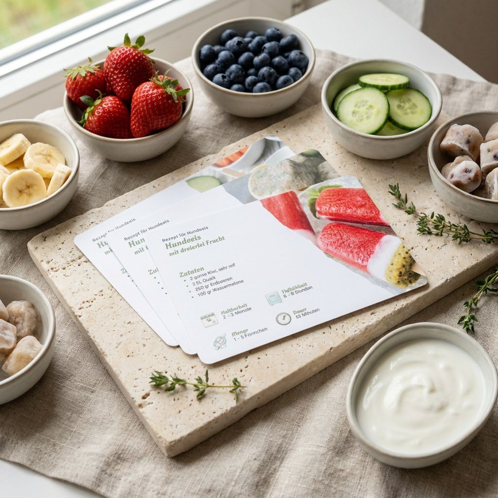 Hundeeis wird mit Rezeptkarten in einer hellen Küche vorbereitet