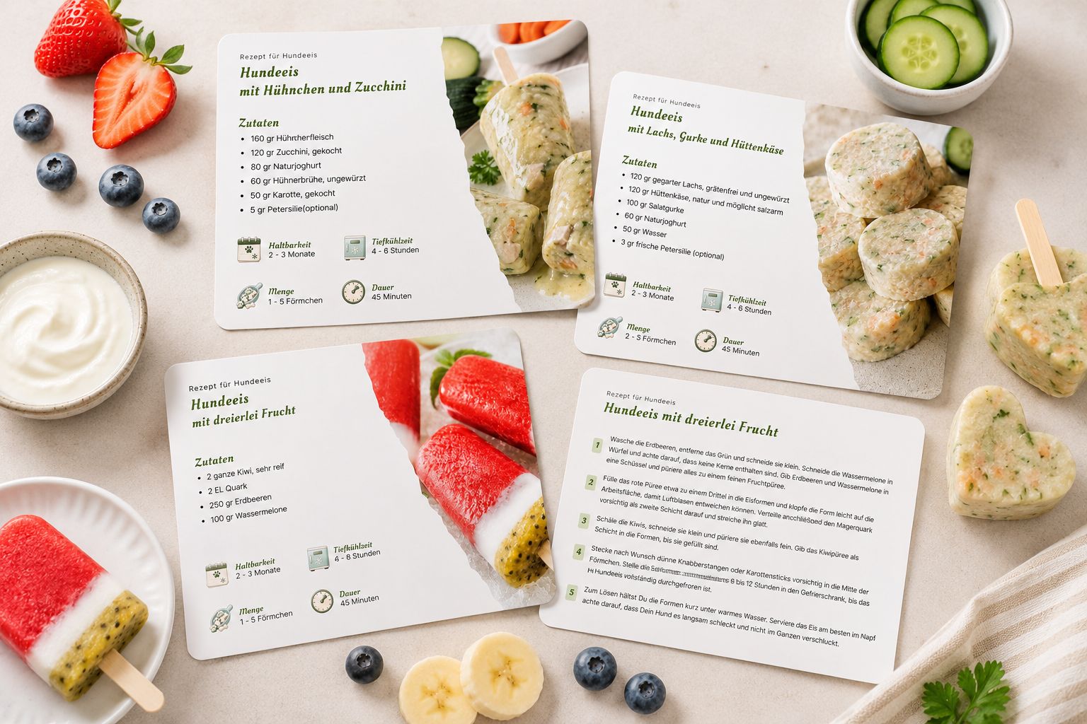 Mehrere Hundeeis Rezeptkarten mit Zutaten und Zubereitungsschritten