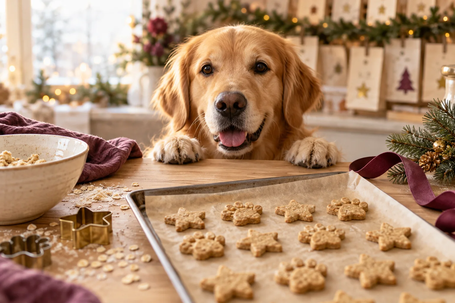 Hundekekse und ein Golden Retriever in der Weihnachtsbäckerei